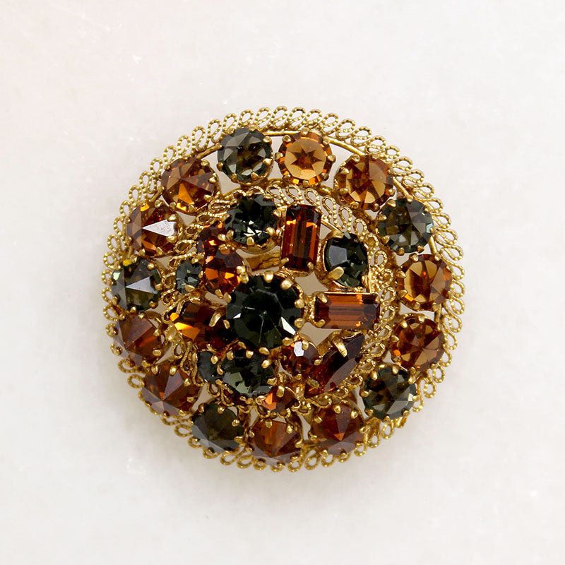 Decadent Gray & Amber-Colored Crystal Filigree Brooch