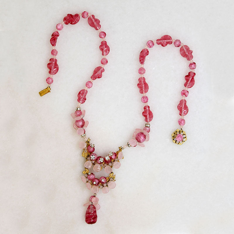 Sweetheart-Pink Bead Necklace Signed Miriam Haskell