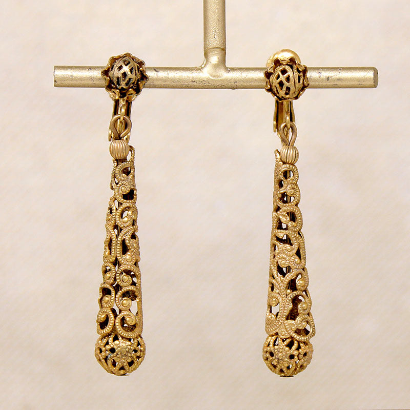 Lacy Brass Filigree Pendulum Earrings by Miriam Haskell