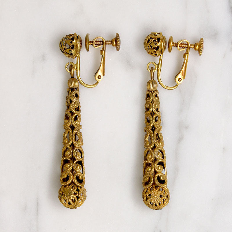 Lacy Brass Filigree Pendulum Earrings by Miriam Haskell