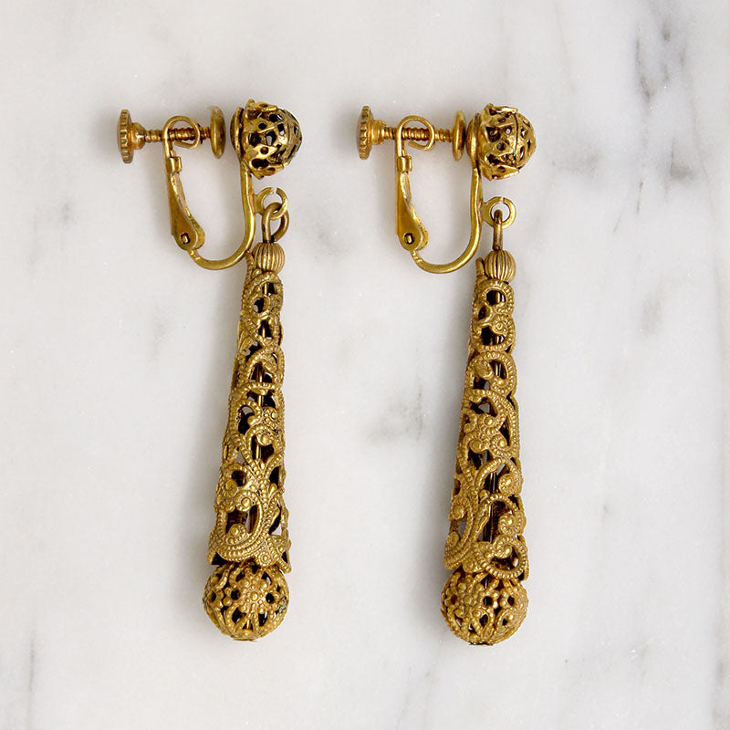 Lacy Brass Filigree Pendulum Earrings by Miriam Haskell