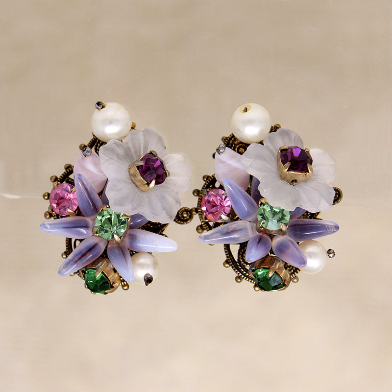 Pastel Posies Glass & Rhinestone Clip-On Earrings