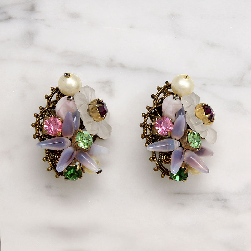 Pastel Posies Glass & Rhinestone Clip-On Earrings