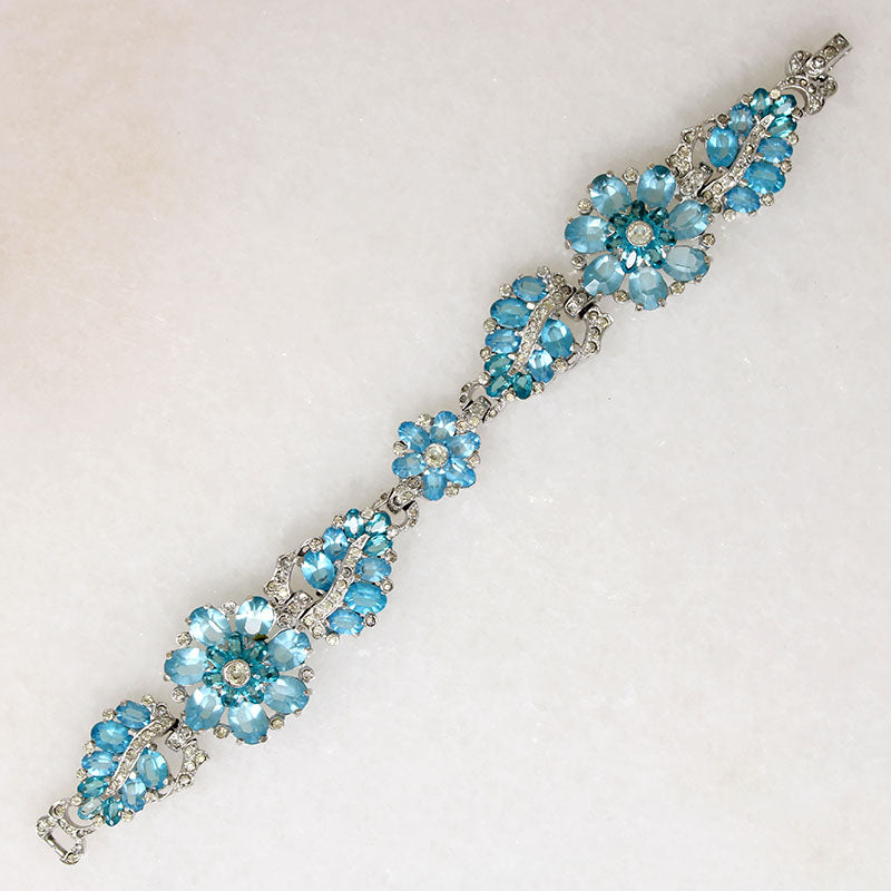 Ice-Blue Rhinestone Leaf & Flower Bracelet by Mazer