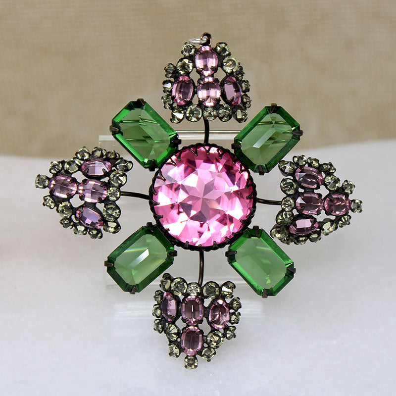 Dramatic Pink & Green Unsigned Shriener Brooch