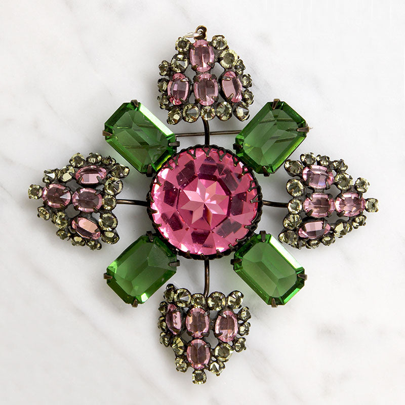 Dramatic Pink & Green Unsigned Shriener Brooch