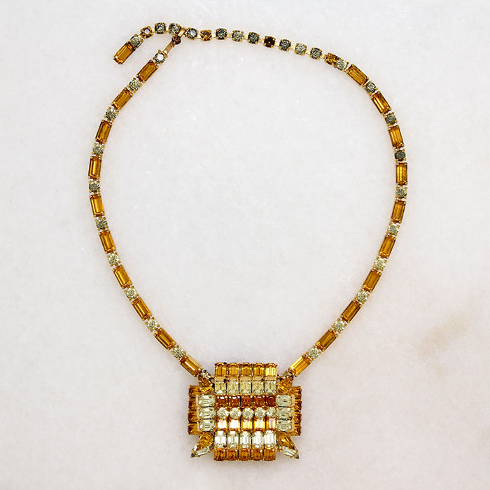 Modernist Yellow & Orange Rhinestone Necklace by Kramer