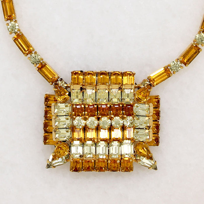 Modernist Yellow & Orange Rhinestone Necklace by Kramer