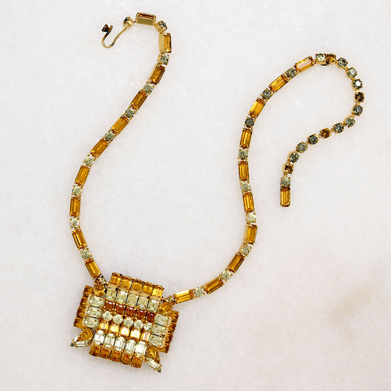 Modernist Yellow & Orange Rhinestone Necklace by Kramer