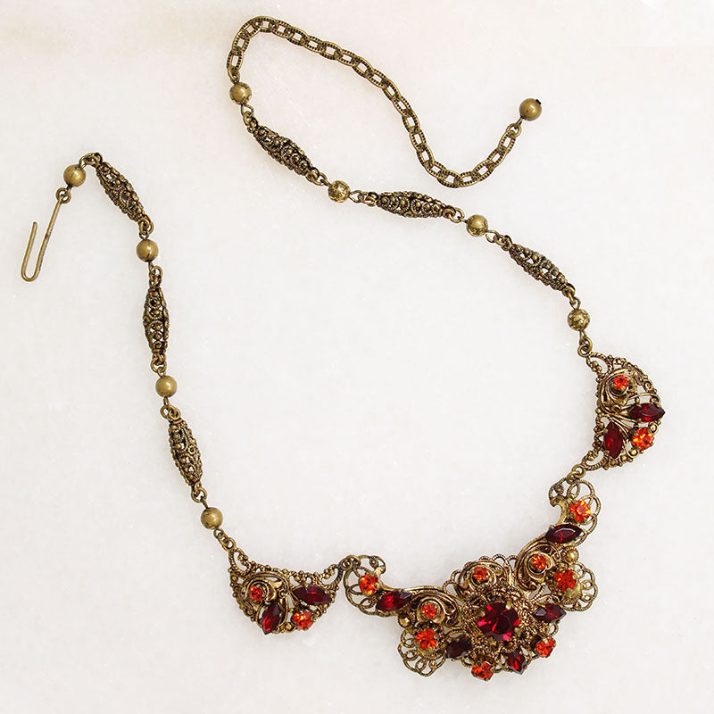 West German Filigree & Blood Orange Crystal Choker