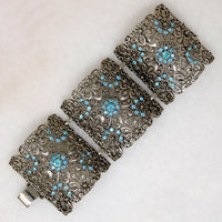 Wide Floral & Aqua Rhinestone Panel Bracelet