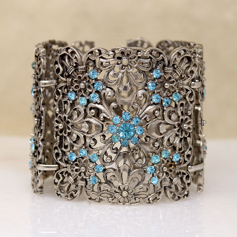 Wide Floral & Aqua Rhinestone Panel Bracelet