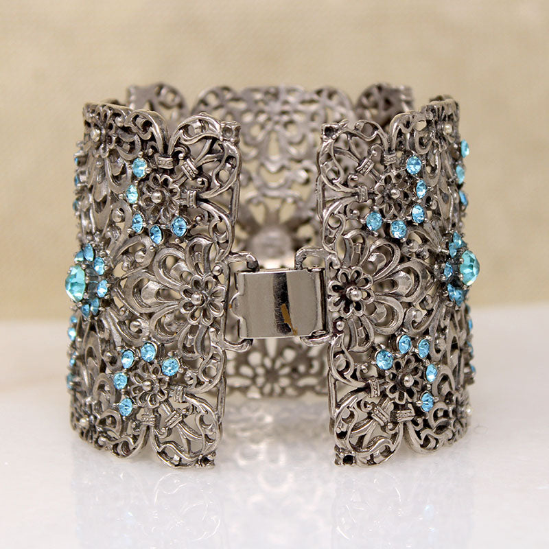 Wide Floral & Aqua Rhinestone Panel Bracelet