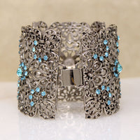 Wide Floral & Aqua Rhinestone Panel Bracelet