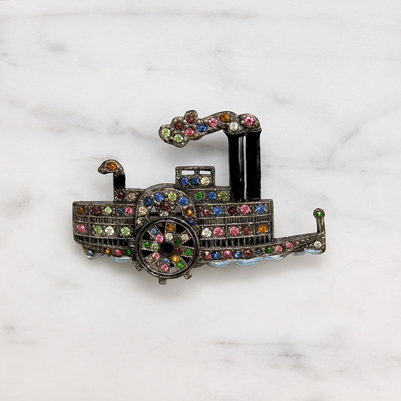 Paddle Steamer Brooch with Pastel Rhinestones