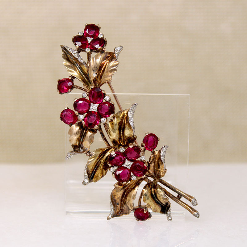 Festive Gilded Silver Fur Clip with Red Flowers by Crown Trifari