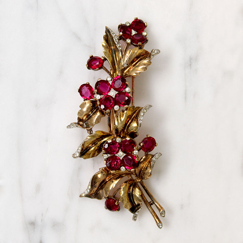 Festive Gilded Silver Fur Clip with Red Flowers by Crown Trifari