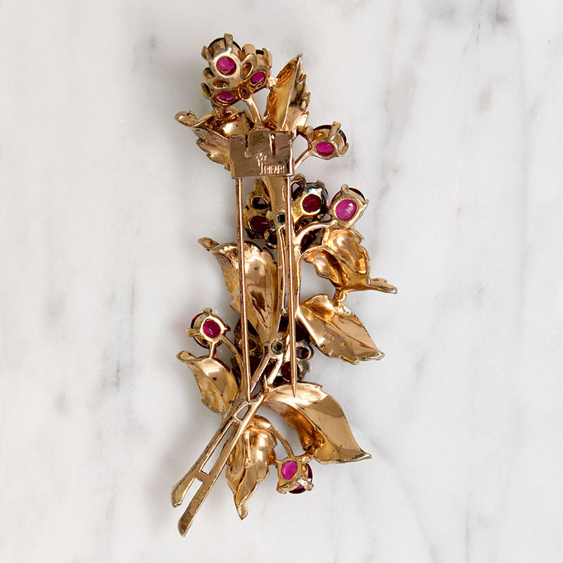 Festive Gilded Silver Fur Clip with Red Flowers by Crown Trifari