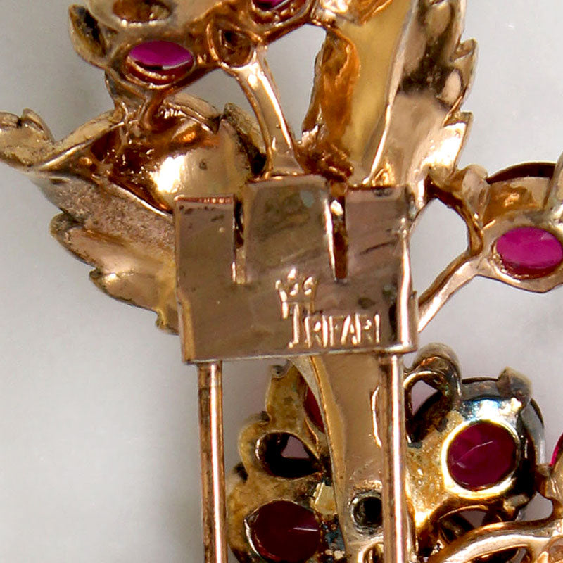 Festive Gilded Silver Fur Clip with Red Flowers by Crown Trifari