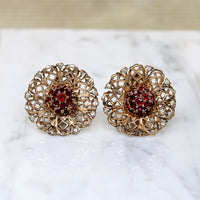 Lacy Sterling & Red Rhinestone Earrings by Coro