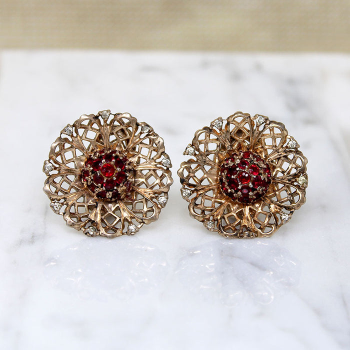 Lacy Sterling & Red Rhinestone Earrings by Coro