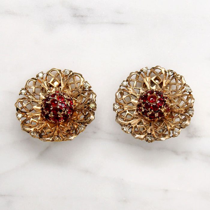 Lacy Sterling & Red Rhinestone Earrings by Coro