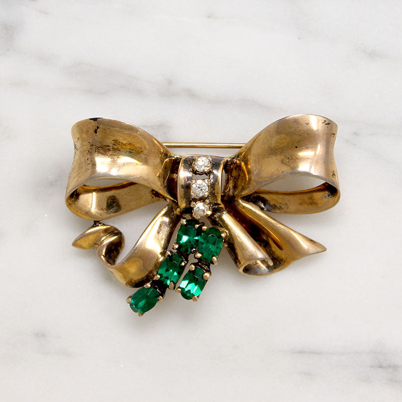Festive Sterling Silver & Rhinestone Ciner Bow Brooch