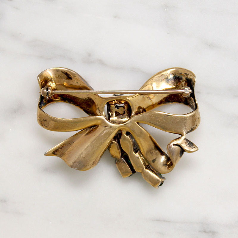 Festive Sterling Silver & Rhinestone Ciner Bow Brooch