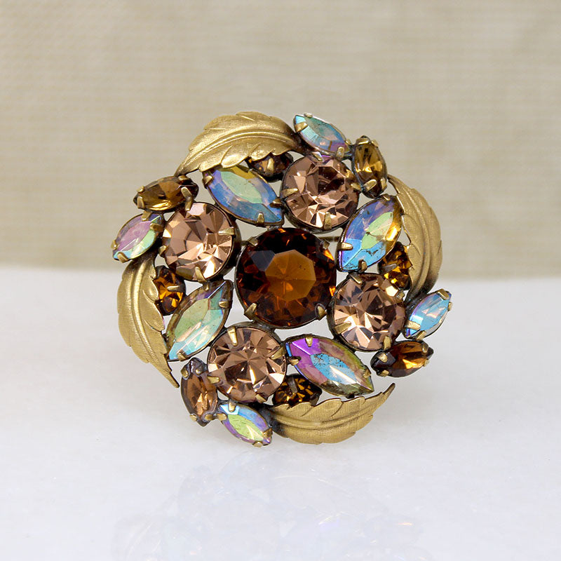 Mid Century Root Beer & AB Crystal Brooch