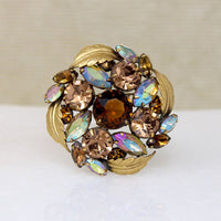 Mid Century Root Beer & AB Crystal Brooch
