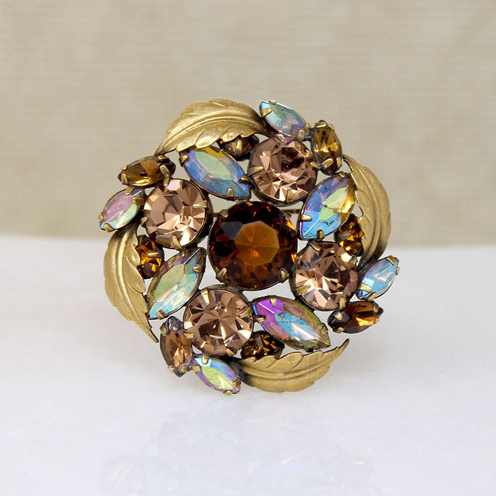 Mid Century Root Beer & AB Crystal Brooch