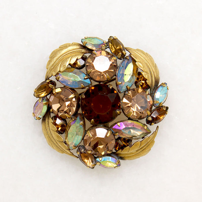 Mid Century Root Beer & AB Crystal Brooch