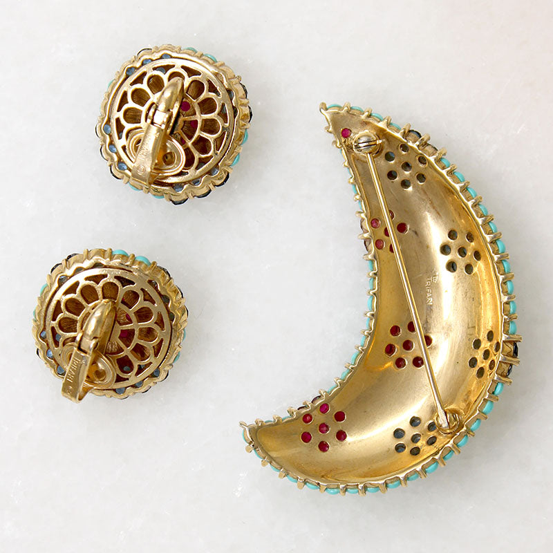 Victorian-Inspired Crescent Moon Brooch & Earrings by Trifari