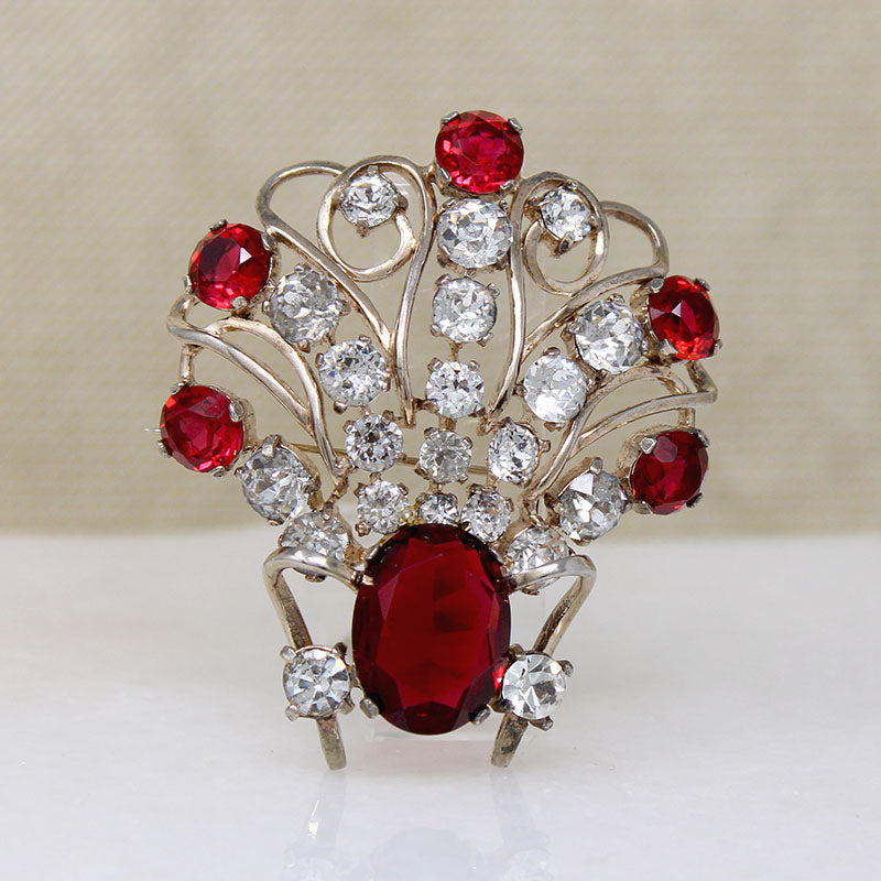 Elaborate Red & White Rhinestone Pendant Brooch