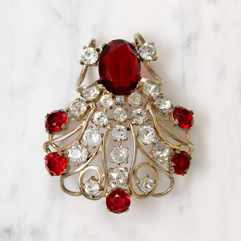 Elaborate Red & White Rhinestone Pendant Brooch