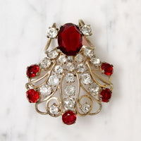 Elaborate Red & White Rhinestone Pendant Brooch