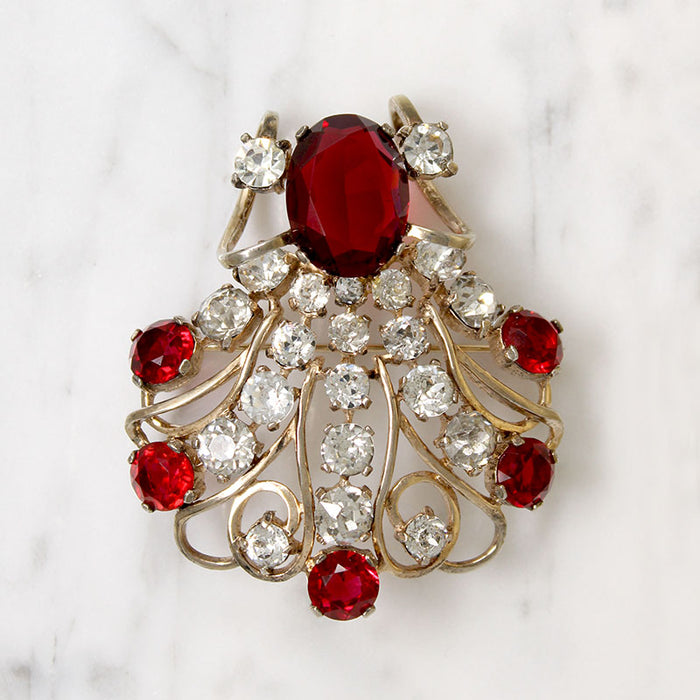Elaborate Red & White Rhinestone Pendant Brooch