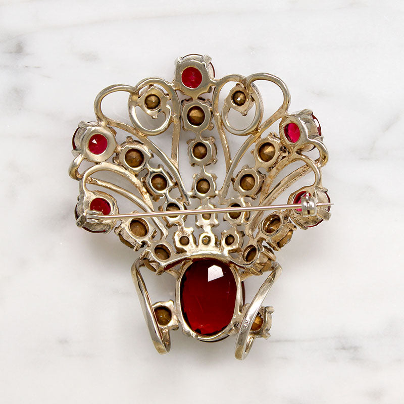Elaborate Red & White Rhinestone Pendant Brooch