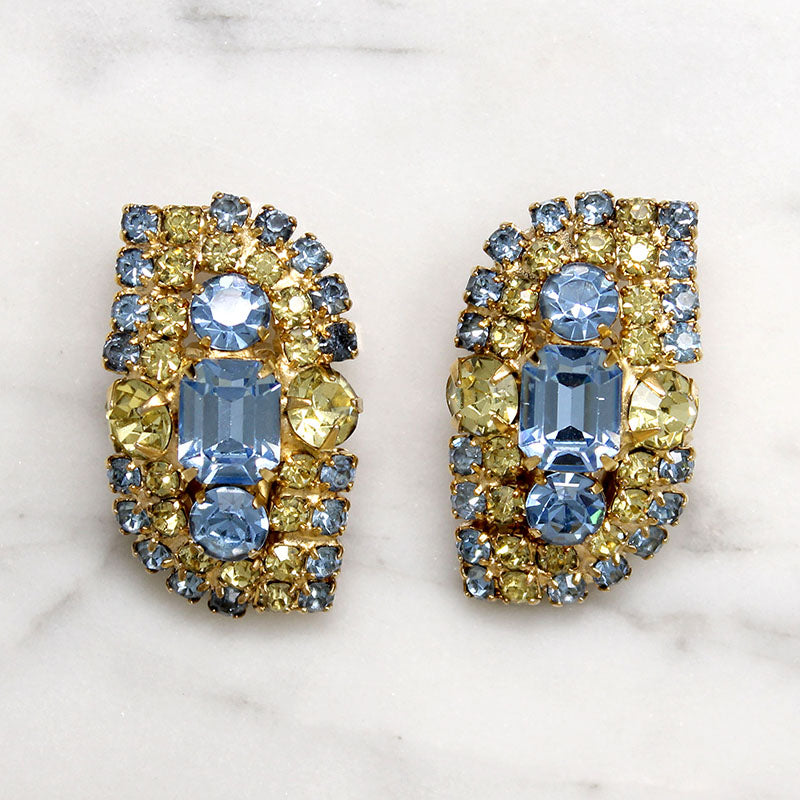 Fetching Blue & Yellow Rhinestone Hattie Carnegie Earrings