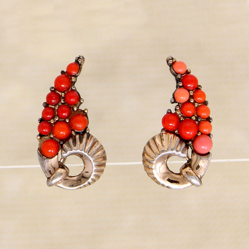 Faux Coral & Sterling Scimitar Earrings by Boucher