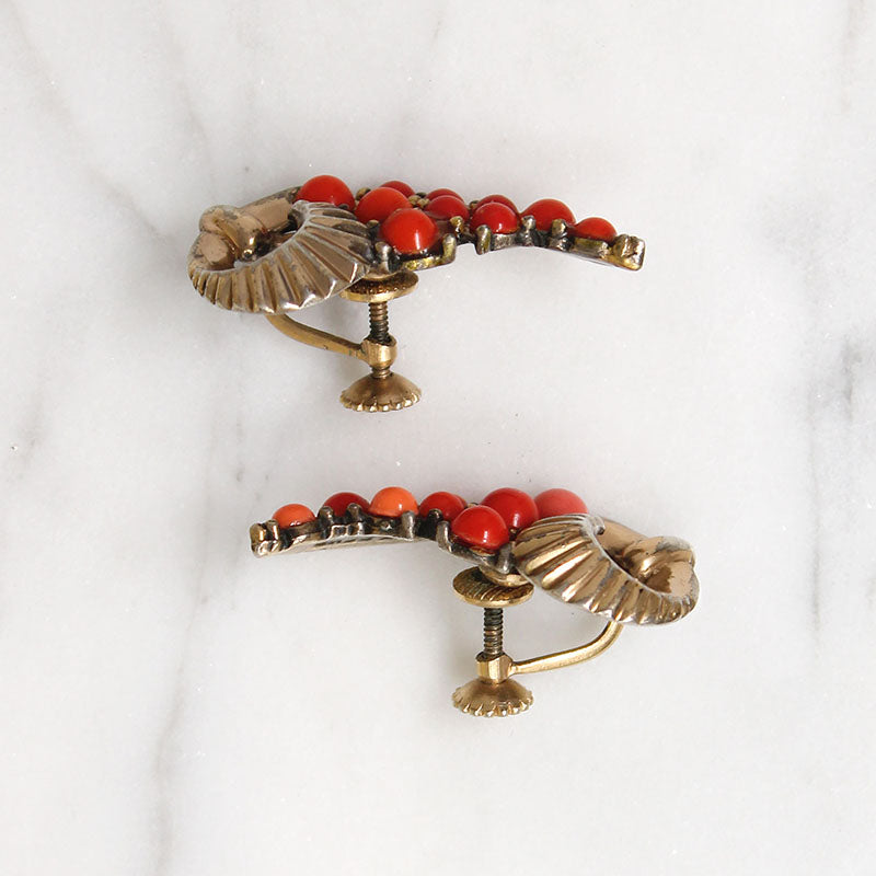 Faux Coral & Sterling Scimitar Earrings by Boucher