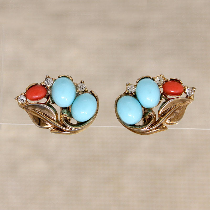 Faux Coral & Turquoise Earrings by Trifari