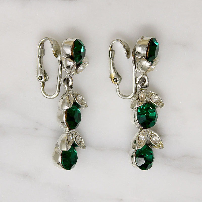 Dramatic Green Rhinestone Drop Earrings by Lisner