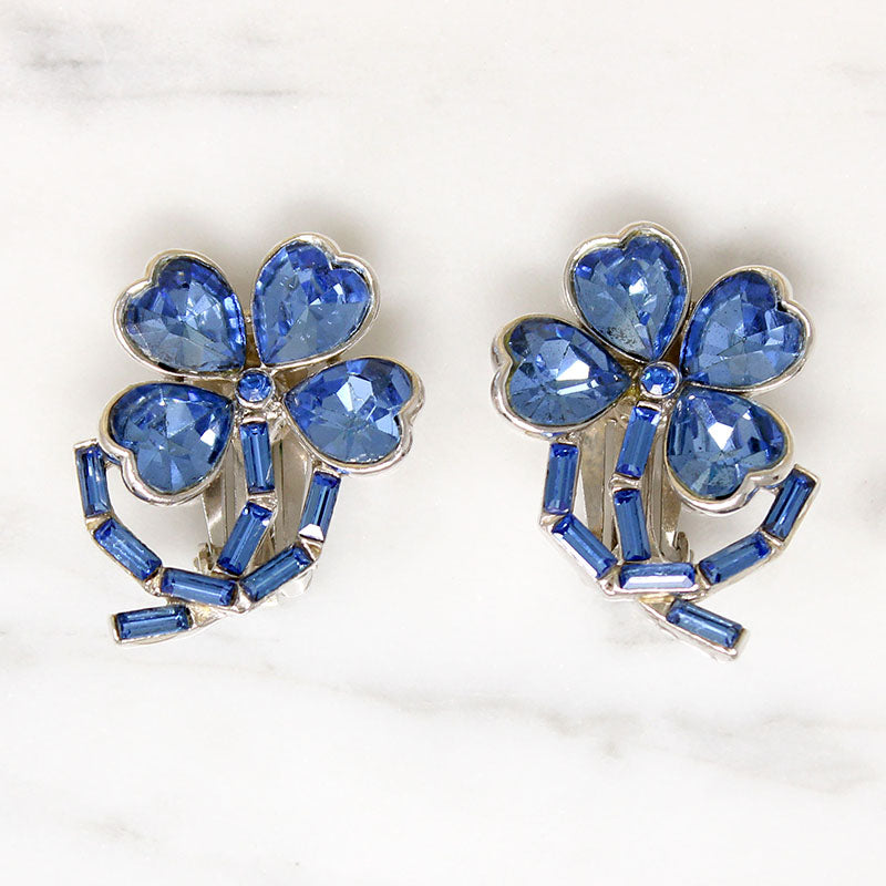 Lucky Blue Rhinestone Four-Leaf Clover Earrings by ORA