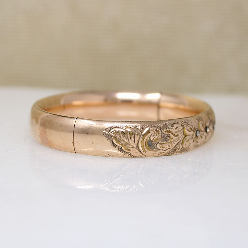 Antique Floral Gold Filled Bangle with Paste Accents