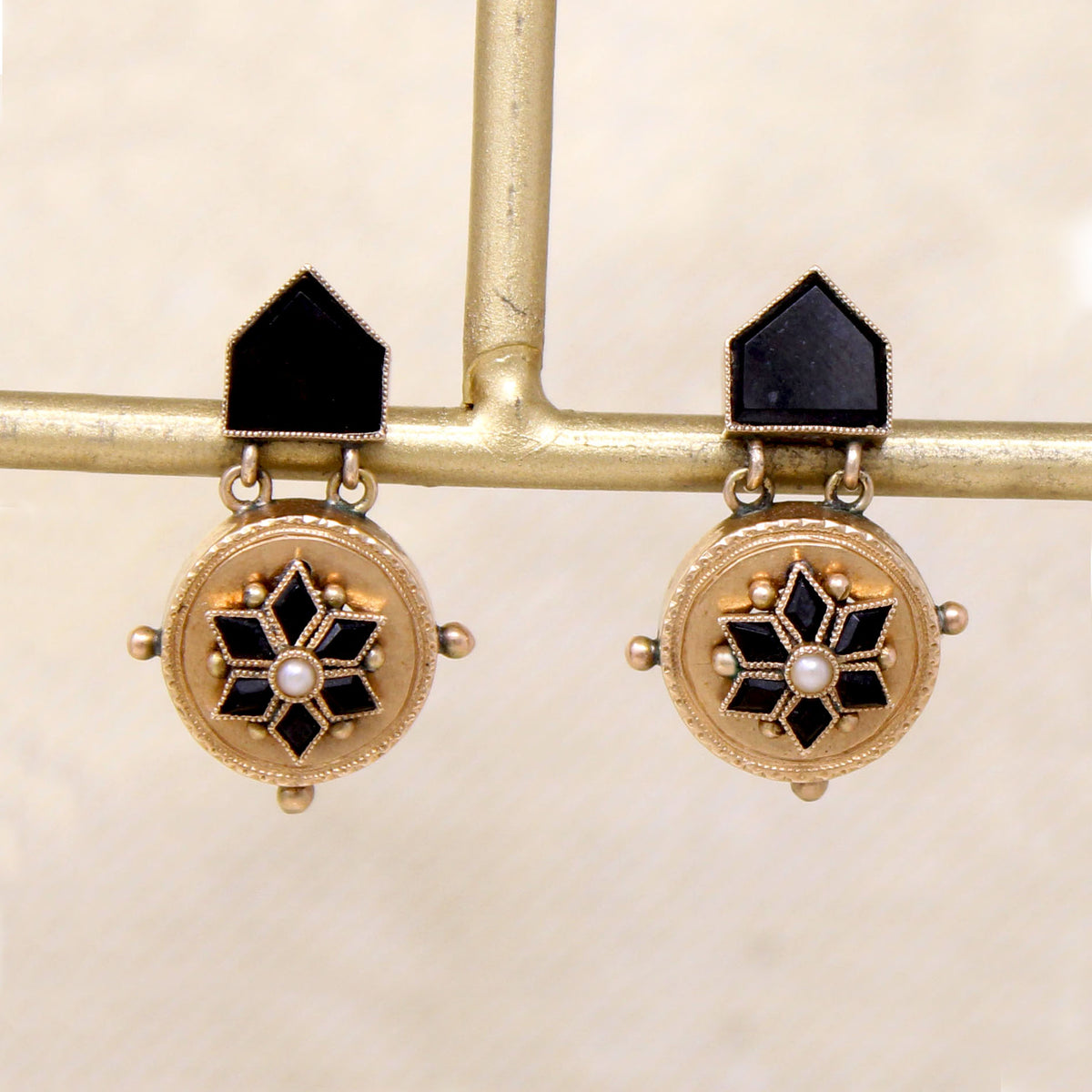 Petite Onyx & Gold Victorian Earbobs