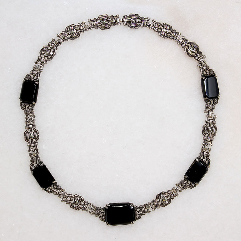 Moody Marcasite & Black Onyx Art Deco Necklace