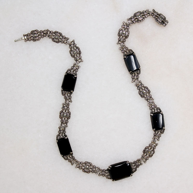 Moody Marcasite & Black Onyx Art Deco Necklace