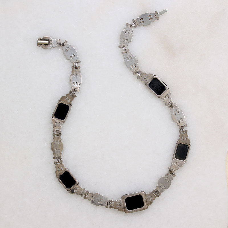 Moody Marcasite & Black Onyx Art Deco Necklace