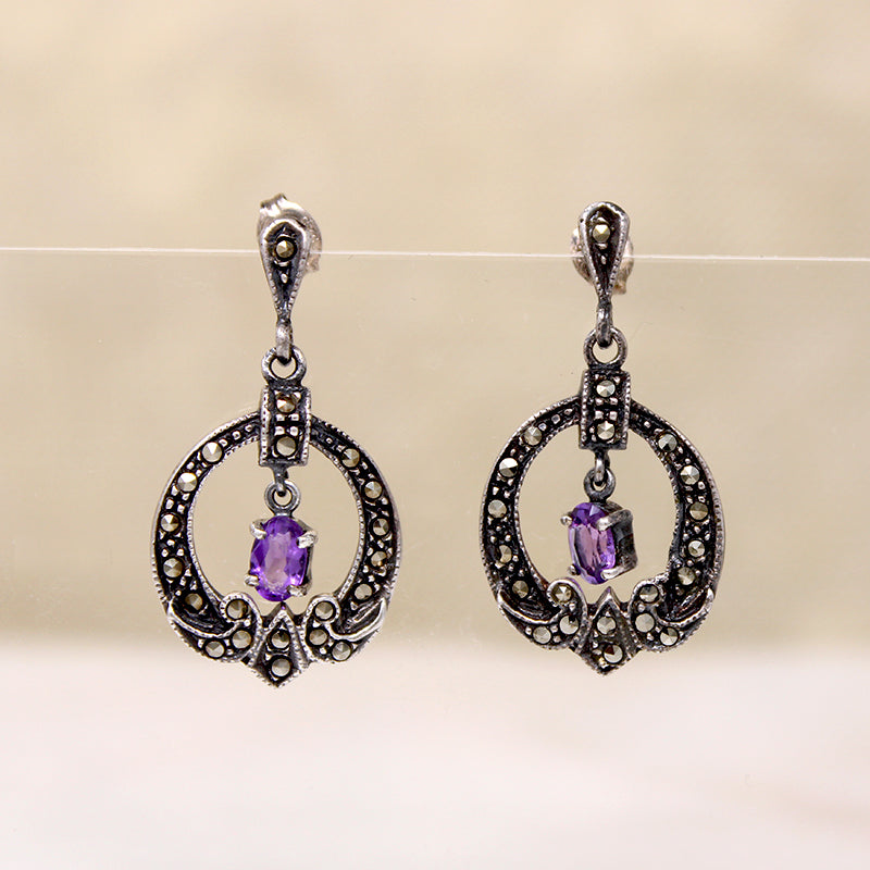 Deco Style Sterling Earrings with Amethyst& Marcasite